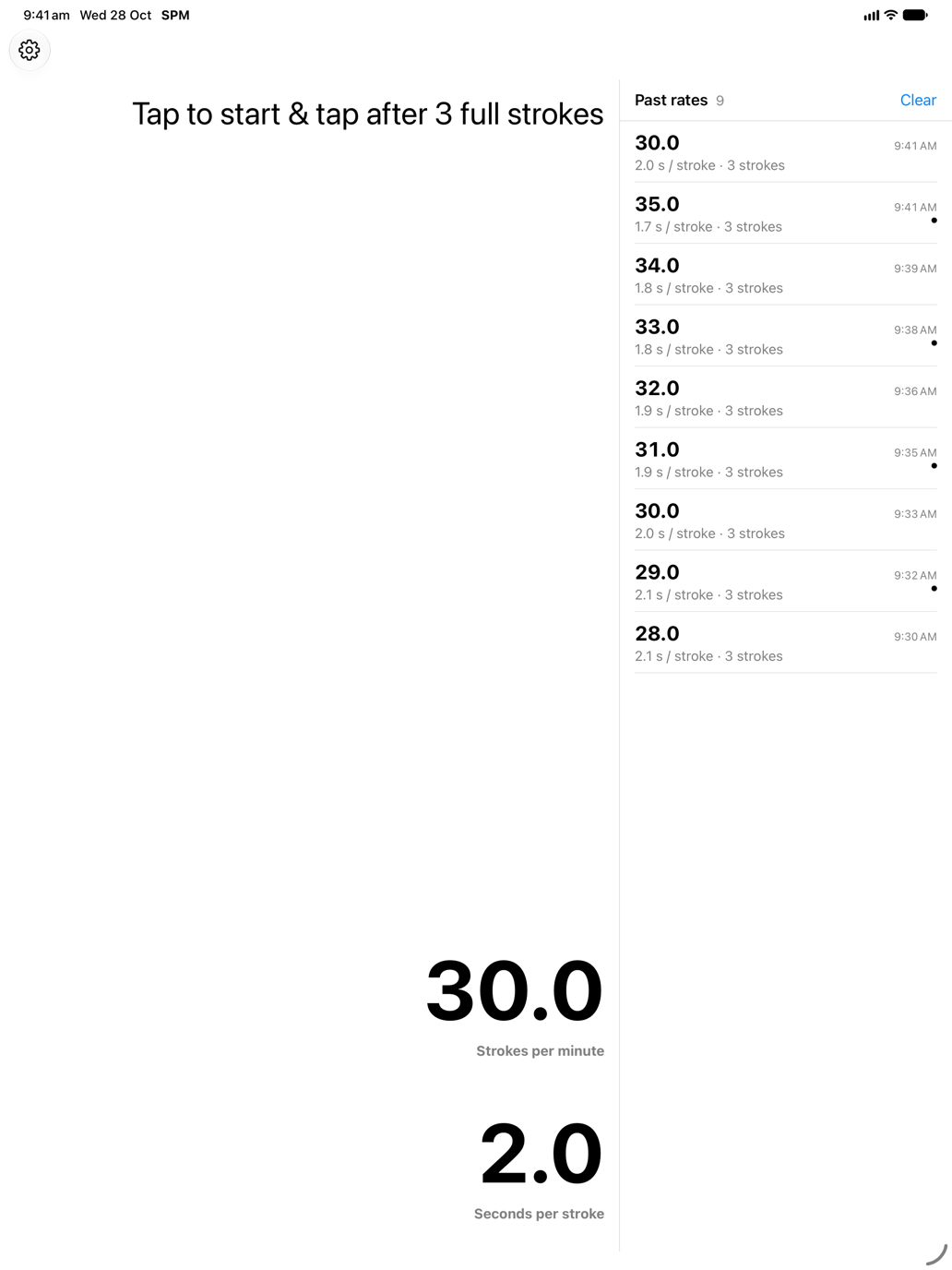 Strokes Per Minute on iPad showing 30.0 strokes per minute, 2.0 seconds per stroke, and a column of nine past rates from 28.0 to 35.0.