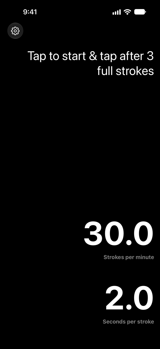 Strokes Per Minute on iPhone in dark mode showing 30.0 strokes per minute and 2.0 seconds per stroke.