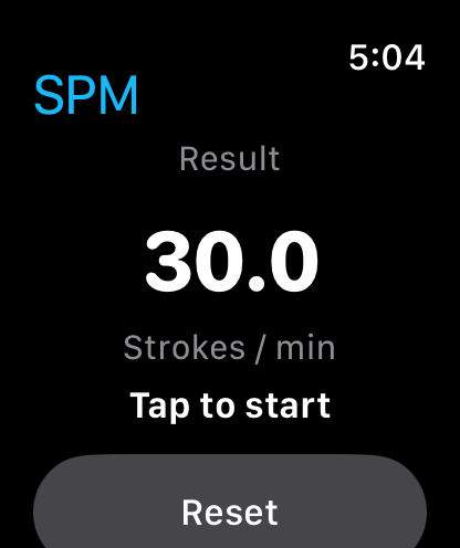 Strokes Per Minute on Apple Watch showing a result of 30.0 strokes per minute with a Reset button.